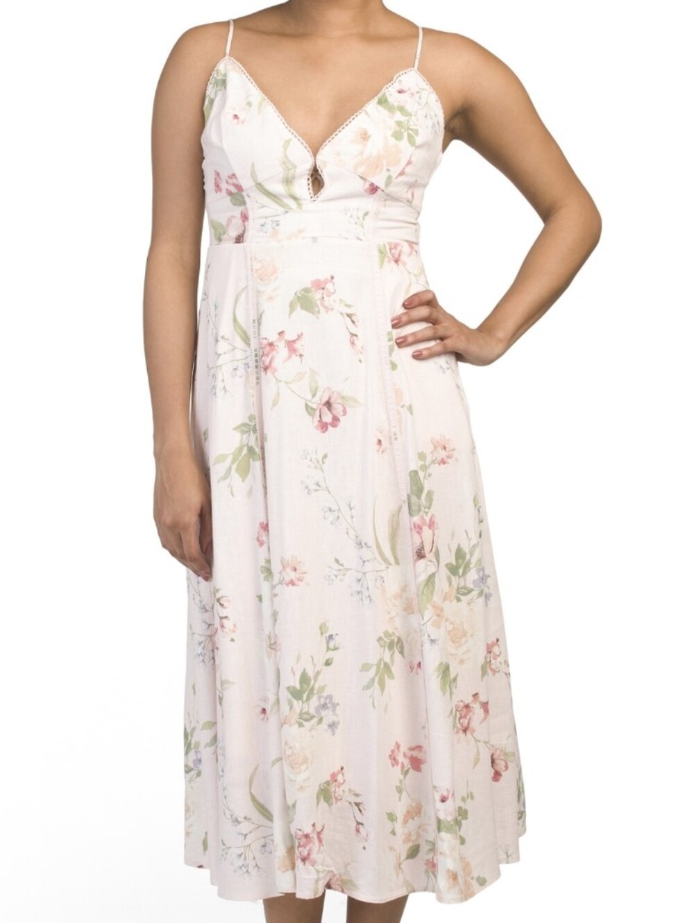 NWT - Rachel Zoe Linen Blend Pink Floral Midi Dress w Scalloped Lace Trim-Size M